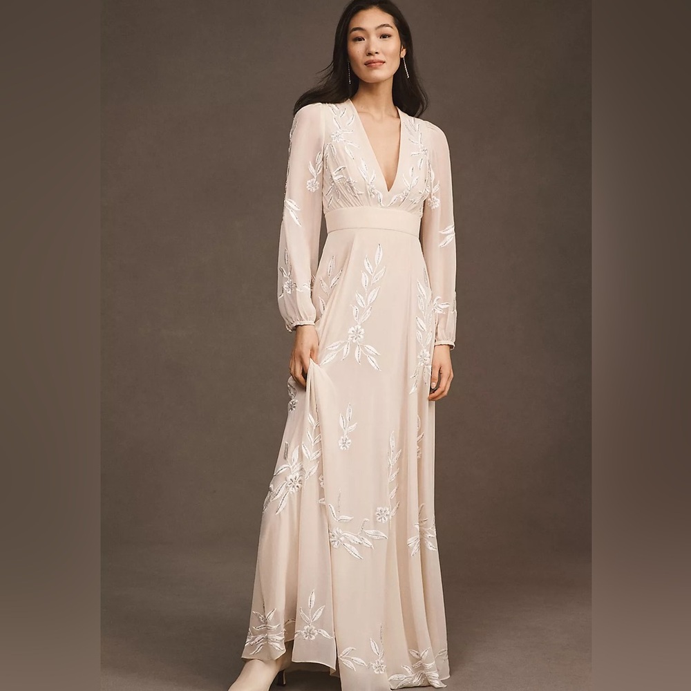 Anthropology BHLDN Belize Embroidered A-Line Long-Sleeve V-Neck Gown